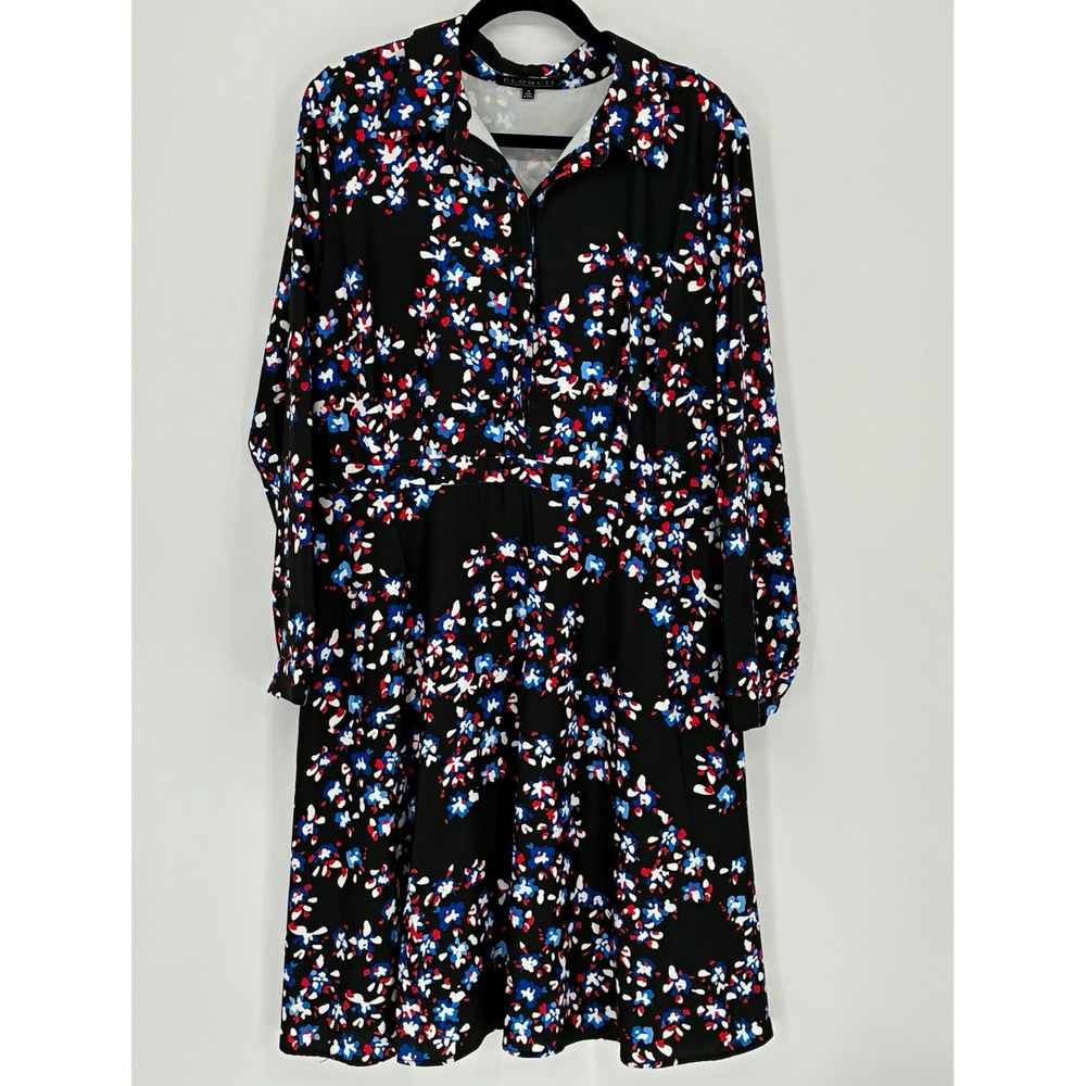 ELOQUII Black Floral Shirt Dress Balloon Long Sleeve Knee Length 16 Career Work
